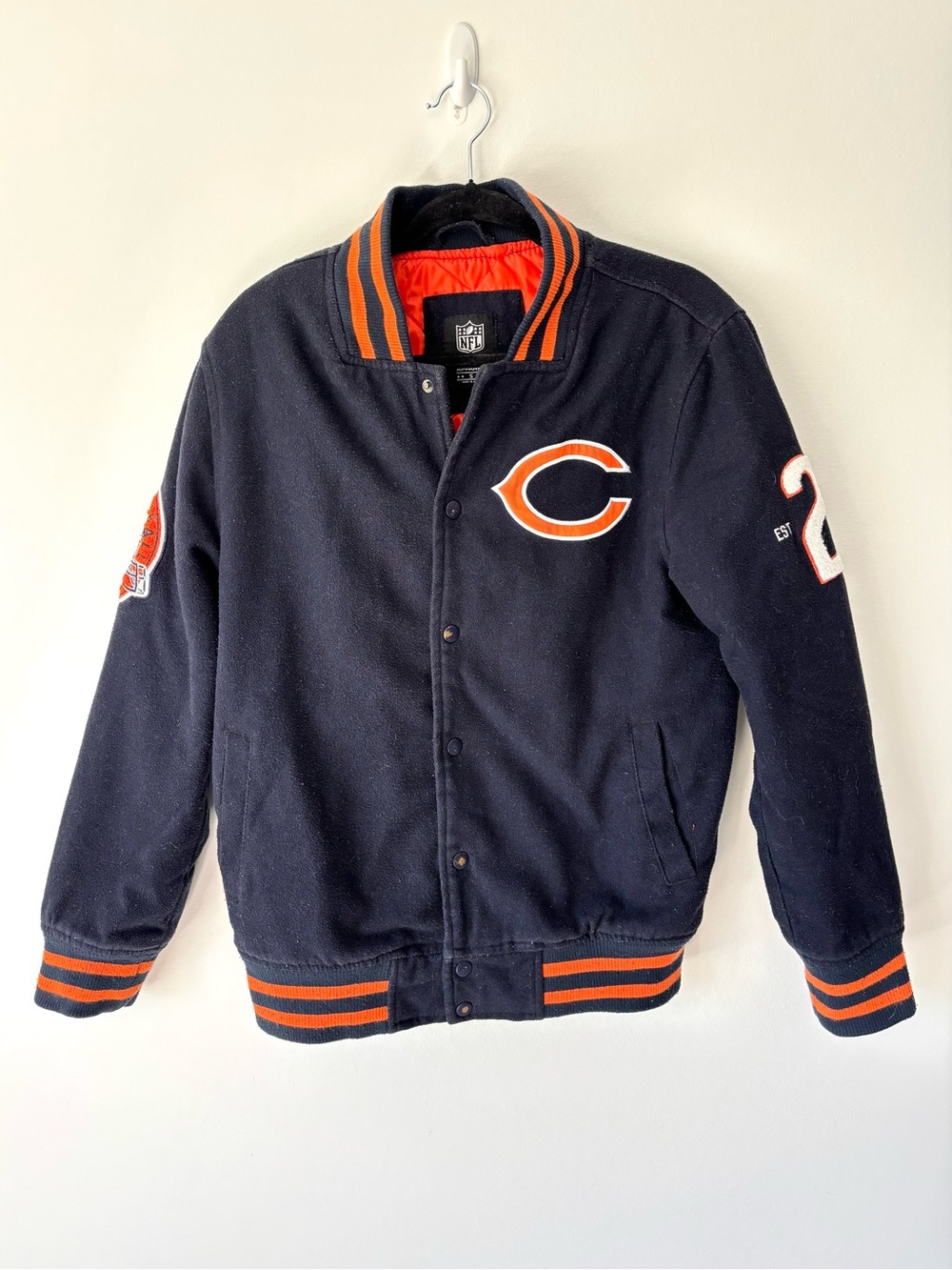 Chicago Bears NFL Team Apparel Varsity Jacket Navy Blue Orange Wool Blend Retro